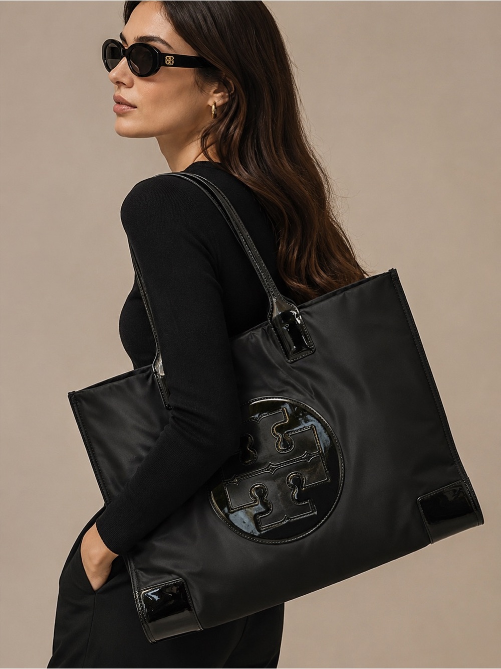 TORY BURCH LARGE BLACK NYLON ELLA TOTE BAG PATENT GLOSSY TRIM OVERSIZED LOGO